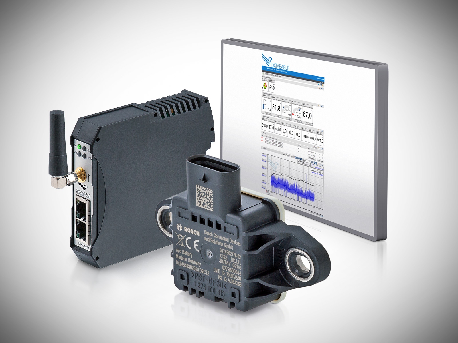 Condition Monitoring System - IoT Datenfunkmodem, Bosch Multisensor und DATAEAGLE Portal für die Fernüberwachung von Motoren und Maschinen